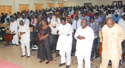 From left, The Vice-Chancellor, Prof. Oluwafemi Olaiya Balogun, his wife, Principal Officers and other members of the University community at the joint prayer session.