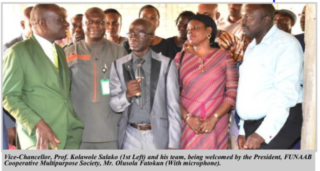 Vice-Chancellor, Prof. Kolawole Salako (1st Left) and his team, being welcomed by the President, FUNAAB
Cooperative Multipurpose Society, Mr. Olusola Fatokun (With microphone).