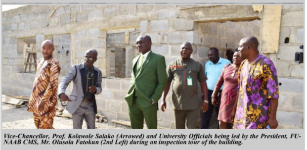 Vice-Chancellor, Prof. Kolawole Salako (Arrowed) and University Officials being led by the President, FU-
NAAB CMS, Mr. Olusola Fatokun (2nd Left) during an inspection tour of the building.